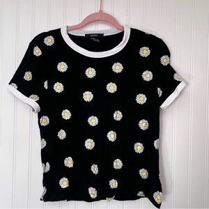 Forever 21 Large Daisies Ringer Tee Crop Top Retro Vintage Style Flowers 90s